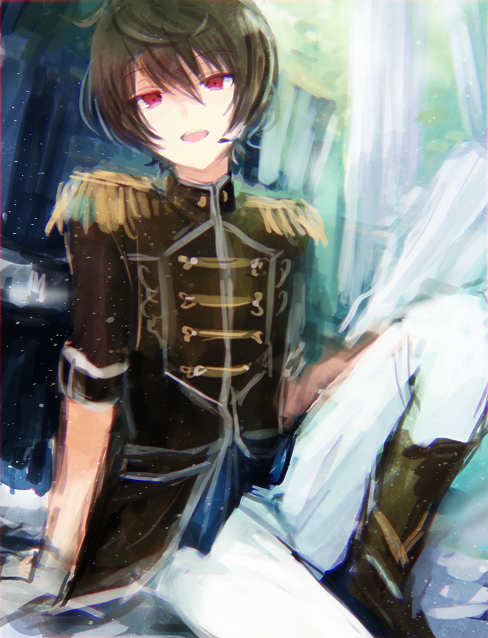 1boy, black_hair, boots, ensemble_stars!, epaulettes, gloves, knee_up, looking_at_viewer