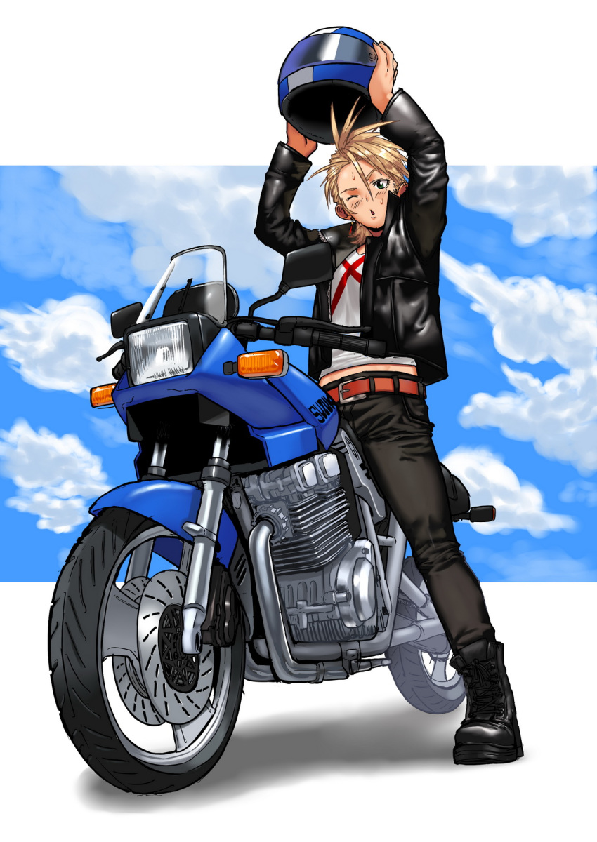 1girl, androgynous, arms_up, belt, blonde_hair, boots, earrings, full_body