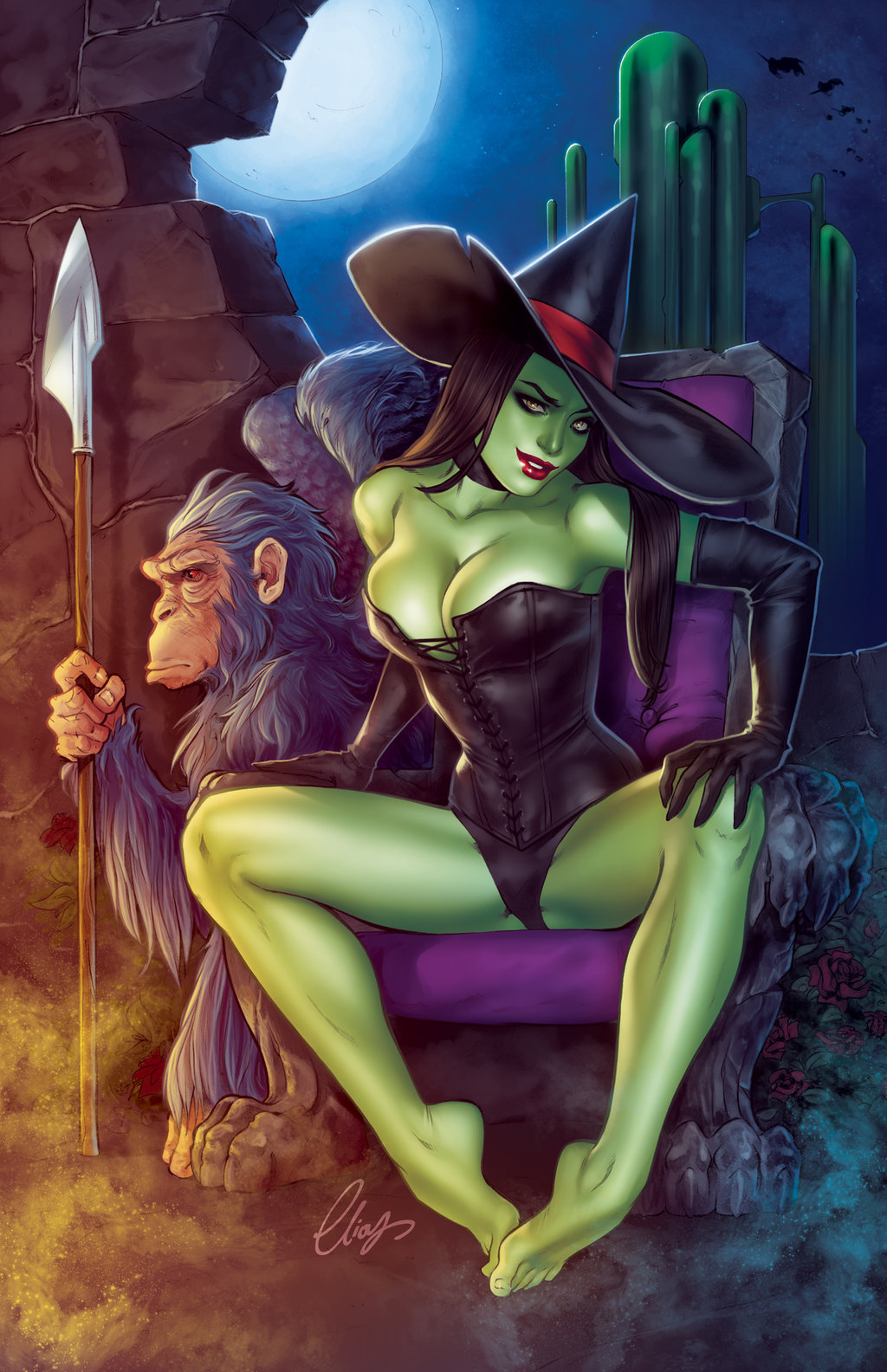 1girl, bare_legs, bare_shoulders, barefoot, black_hair, black_panties, breasts, chimpanzee, choker, cleavage, collarbone, corset, elbow_gloves, elias_chatzoudis, full_body, full_moon, gloves, green_skin, hair_over_shoulder, hand_on_own_knee, hat, highres, large_breasts, lipstick, looking_at_viewer, makeup, moon, no_bra, nose, panties, pinup, polearm, raised_eyebrow, sitting, solo_focus, spear, spread_legs, strapless, the_wizard_of_oz, throne, toes, underwear, weapon, wicked_witch, witch_hat, yellow_eyes