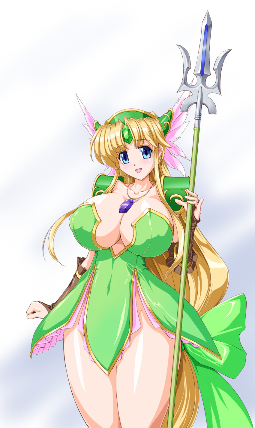 1girl, amethyst, bikini_armor, blonde_hair, blue_eyes, breasts, brown_gloves, cleavage