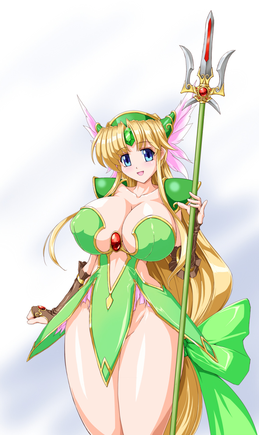 1girl, bikini_armor, blonde_hair, blue_eyes, breasts, brown_gloves, cleavage, collarbone, curvy, dress, elbow_gloves, emerald, female, fingerless_gloves, gloves, gradient_background, hair_ornament, hair_ribbon, headgear, highres, huge_breasts, long_hair, looking_at_viewer, mound_of_venus, no_panties, no_underwear, open_mouth, raochuu, revealing_clothes, ribbon, riesz, ruby_(stone), seiken_densetsu, seiken_densetsu_3, simple_background, skirt, solo, spear, standing, thick_thighs, trident, very_long_hair, weapon, wide_hips