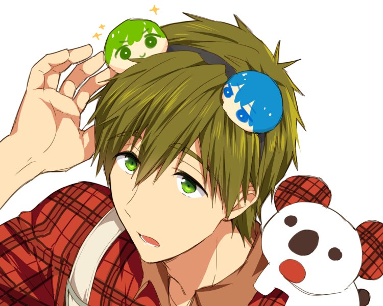 1boy, brown_hair, free!, funikurikurara, green_eyes, koala, koala_ears, male_focus, omanjuu, short_hair, tachibana_makoto, white_background