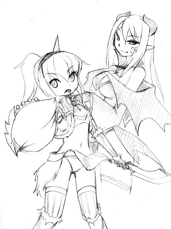 2girls, alma_elma, cecil_(mon-musu_quest!), cosplay, facial_mark, fake_horns, female, gigginox_(armor)