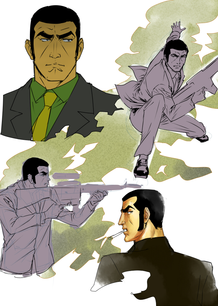 aiming, black_hair, cigarette, duke_tougou, golgo_13, gun, makacoon, suit