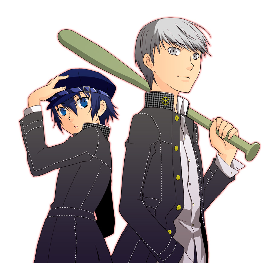 baseball_bat, blue_eyes, blue_hair, cabbie_hat, grey_eyes, grey_hair, hat, narukami_yuu, persona, persona_4, reverse_trap, seta_souji, shirogane_naoto, short_hair, torii_(chika)