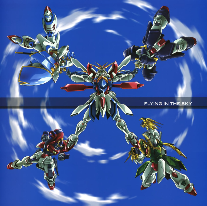 90s, bolt_gundam, clouds, crossed_arms, dragon_gundam, g_gundam, god_gundam, gundam, highres, maxter_gundam, mecha, mobile_suit, no_humans, open_arms, punching, rose_gundam, sky, text