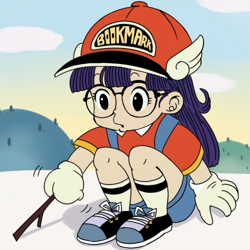 1girl, black_eyes, child, clouds, day, dr._slump, eyelashes, furekuru_(freckle), glasses, gloves, hat, long_hair, norimaki_arale, pants, purple_hair, shadow, shirt, shoes, short_sleeves, sky, socks, solo, stick, white_gloves