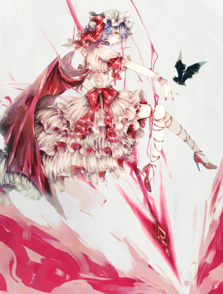 1girl, bat_wings, bats, blue_hair, bow, detached_cuffs, dress, frilly_sleeves, high_heels, long_fingernails, puffy_sleeves, red_bow, red_nails, remilia_scarlet, saegome, shoes, spear, touhou, white_dress