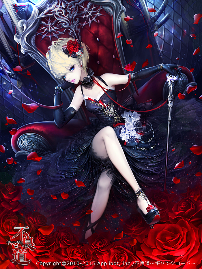 1girl, armchair, bare_knees, black_dress, chair, dadachyo, dress, dutch_angle