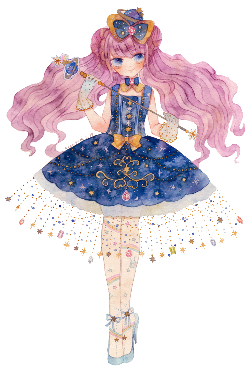 blue_dress, choker, diamond, dress, gemstone, hair_buns, high_heels, lolita_fashion