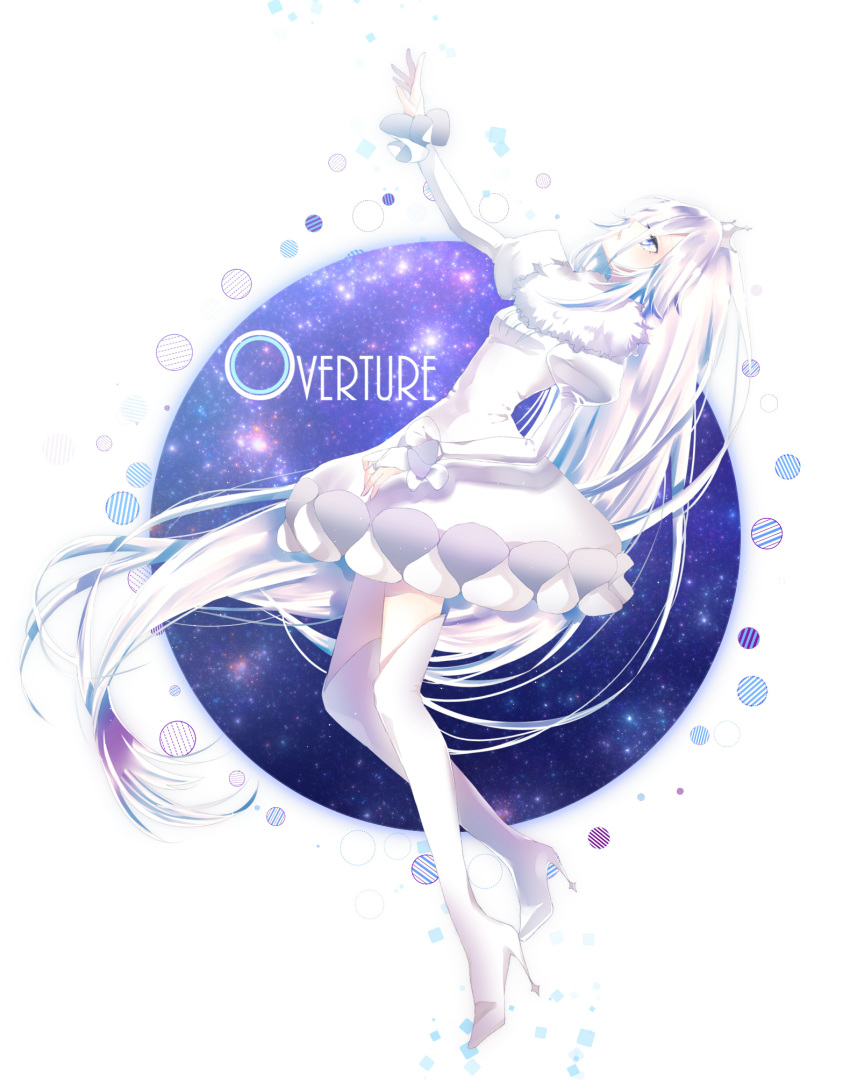 1girl, boots, bridal_gauntlets, crown, dress, frilly_sleeves, fur_collar, fur_trim, high_heel_boots, high_heels, ia_(vocaloid), looking_up, makeup, ohagi_(ymnky), reaching_up, short_dress, thigh_boots, very_long_hair, vocaloid, white_dress