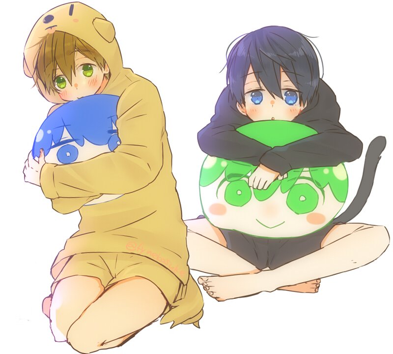 2boys, barefoot, black_hair, blue_eyes, blush, brown_hair, cat_tail, child