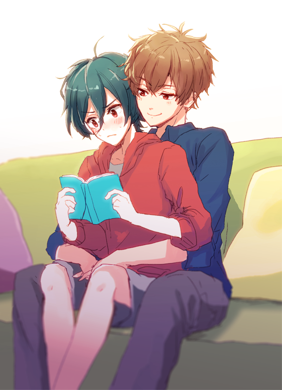 2boys, blush, book, brothers, brown_hair, couch, green_hair, high_speed!