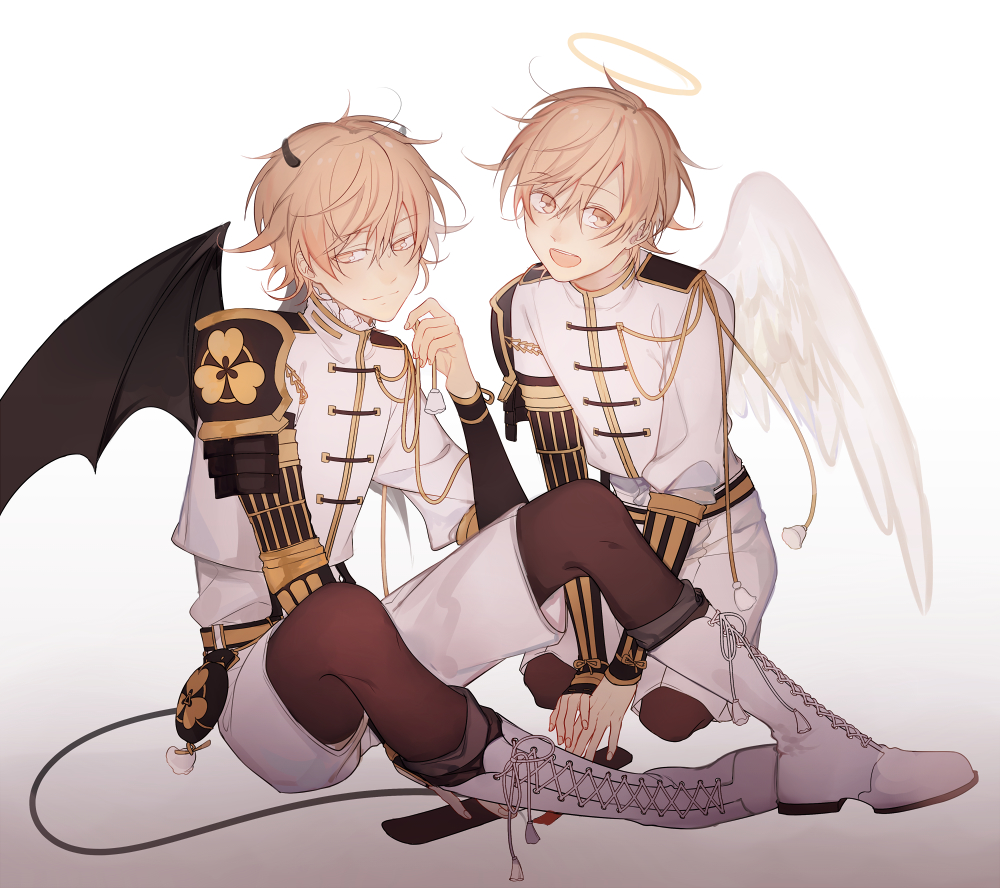 2boys, angel_wings, armor, blonde_hair, boots, child, closed_mouth, comaco