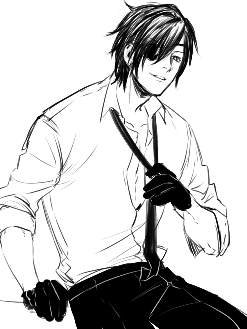 1boy, black_gloves, black_hair, candytang442494812, collarbone, collared_shirt, eyepatch, gloves, half-closed_eyes, half_gloves, male_focus, monochrome, muscle, necktie, personification, shokudaikiri_mitsutada, simple_background, smile, solo, touken_ranbu, unbuttoned, undressing, white_background