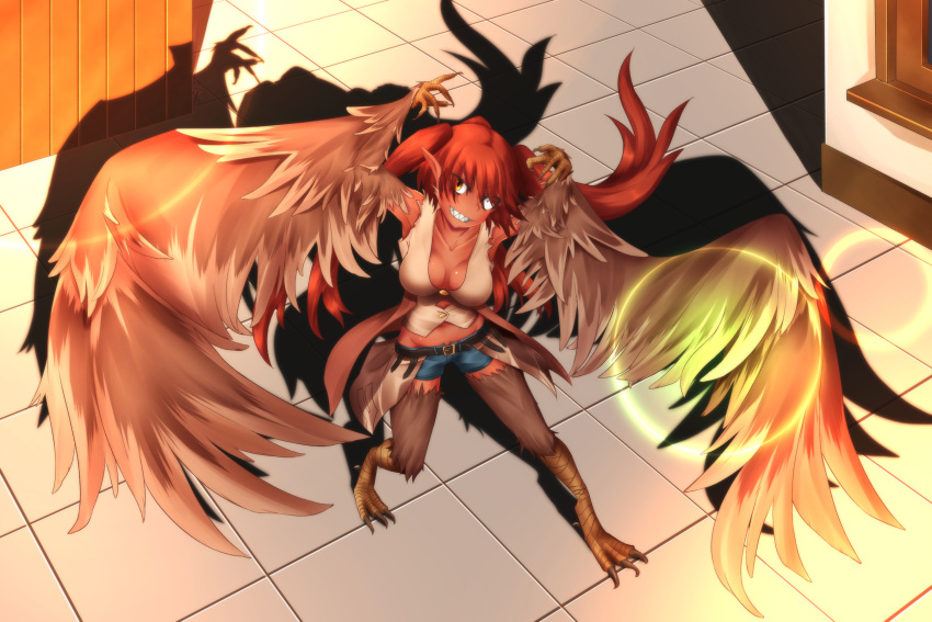 1girl, breasts, crazy, feathers, harpy, monster_girl, redhead, shadow