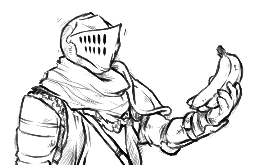 armor, banana, dark_souls, from_software, helmet, iwata_satoru, monochrome, nintendo_direct, parody, souls_(from_software)