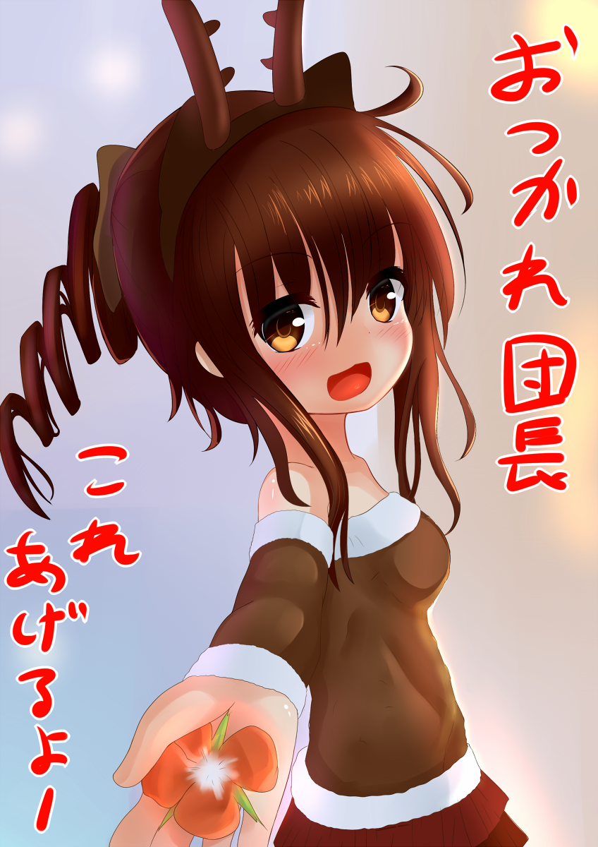 1girl, bare_shoulders, blush, brown_hair, flower_knight_girl, hair_ornament, holding, holy_(flower_knight_girl)