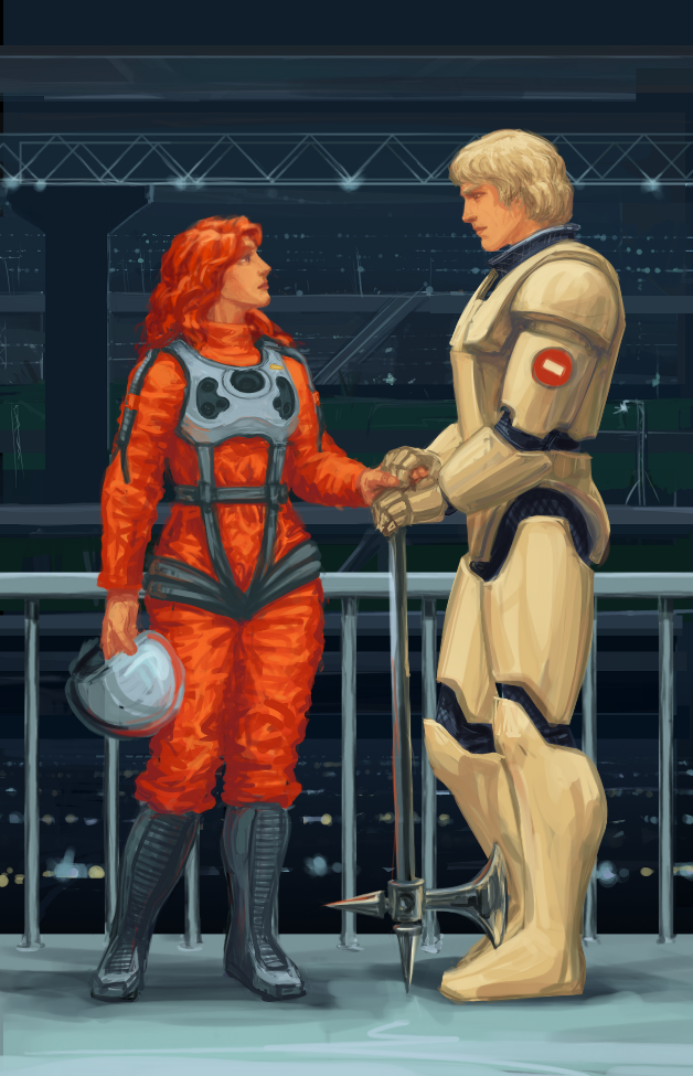1boy, 1girl, armor, axe, barrier, blonde_hair, boots, eye_contact, full_body, ginga_eiyuu_densetsu, hand_holding, hand_on_another's_hand, height_difference, helmet, julian_mintz, katerose_von_kreutzer, lynxc, pilot_suit, railing, redhead, science_fiction, weapon