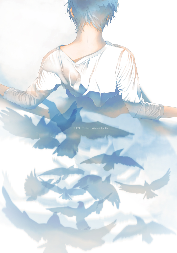 1boy, animal, back, bird, blue_hair, from_behind, male_focus, original, partially_submerged, re_degrees_(red_flagship), reflection, shirt, sky, solo, water, web_address, wet_clothes, white_shirt