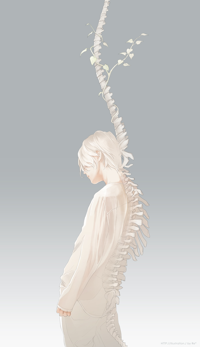 1boy, bone, closed_mouth, cowboy_shot, gradient, gradient_background, hair_over_eyes, leaves, male_focus, original, pants, re_degrees_(red_flagship), shirt, solo, web_address, white_hair, white_pants, white_shirt