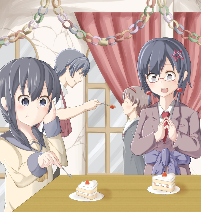 1boy, 3girls, artist_request, black_hair, blue_eyes, brown_hair, cake, closed_eyes