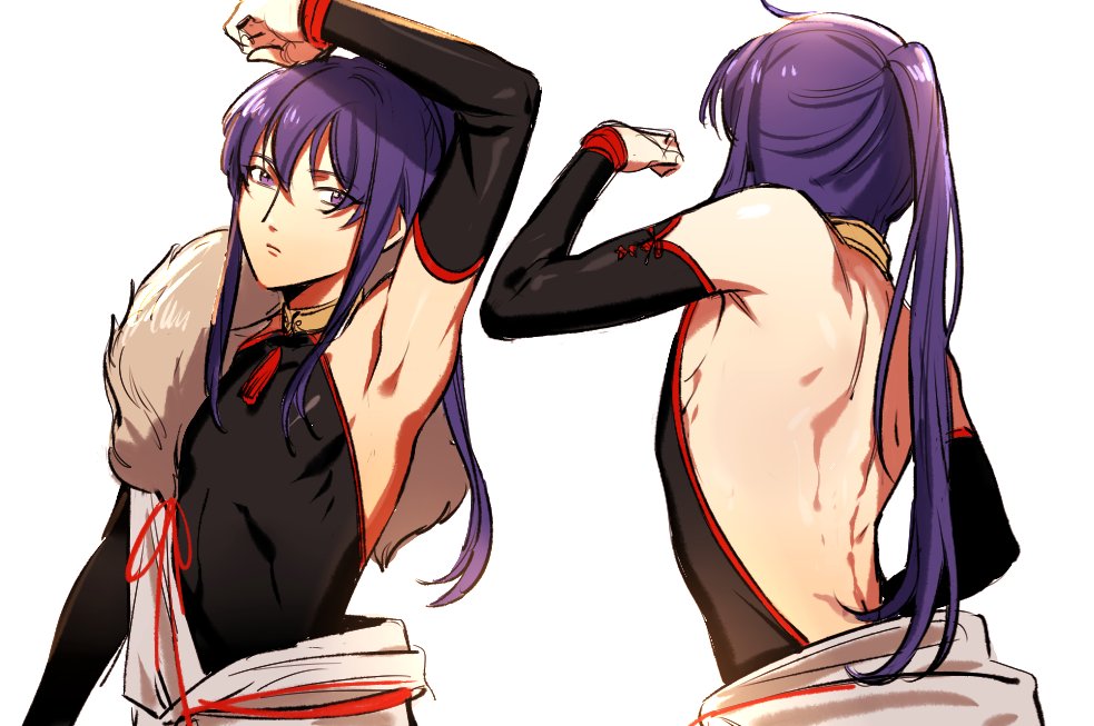 1boy, arm_up, armpits, back, bare_shoulders, bridal_gauntlets, ensemble_stars!, from_behind, fur, japanese_clothes, kanzaki_souma, karochin_(kotnec3), long_hair, looking_at_viewer, male_focus, multiple_views, ponytail, purple_hair, solo, traditional_clothes, upper_body, violet_eyes