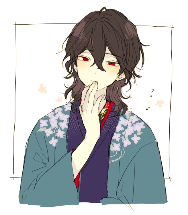 1boy, alternate_costume, black_hair, blush, closed_mouth, earrings, ensemble_stars!, floral_print