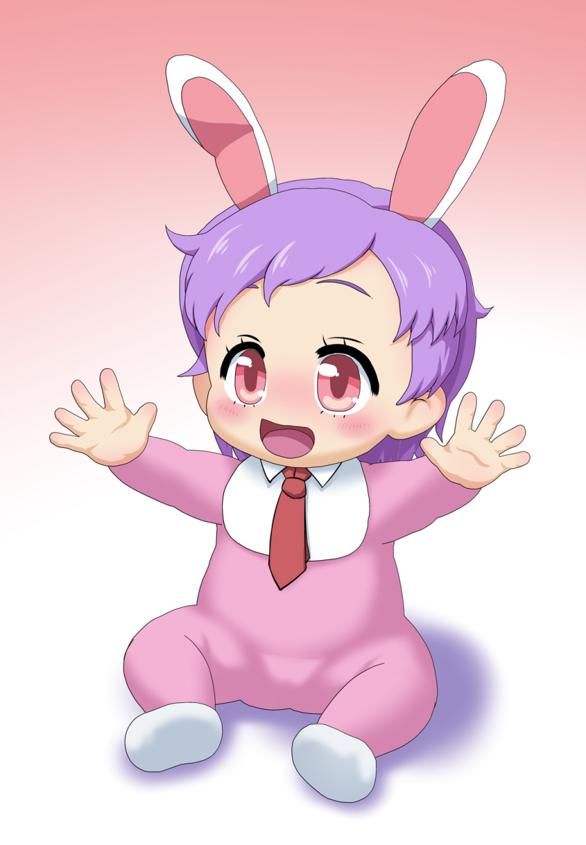 1girl, animal_ears, blush, copyright_request, flat_chest, full_body, gradient, gradient_background, mion_orz, necktie, open_mouth, pink_eyes, pink_hair, rabbit_ears, sitting, solo, toddler