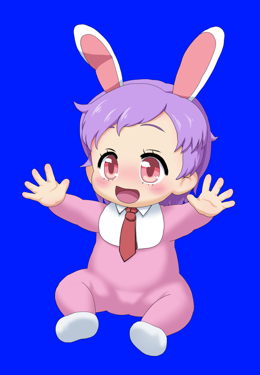 1girl, animal_ears, blue_background, blush, copyright_request, flat_chest, full_body, mion_orz, necktie, open_mouth, pink_eyes, pink_hair, rabbit_ears, simple_background, sitting, solo, toddler