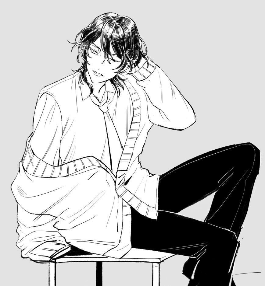 1boy, black_hair, cardigan, collared_shirt, desk, ensemble_stars!, grey_background, karochin_(kotnec3), male_focus, monochrome, one_eye_closed, parted_lips, sakuma_rei_(ensemble_stars!), school_uniform, simple_background, sitting, sleeves_past_wrists, solo, uniform, wavy_hair