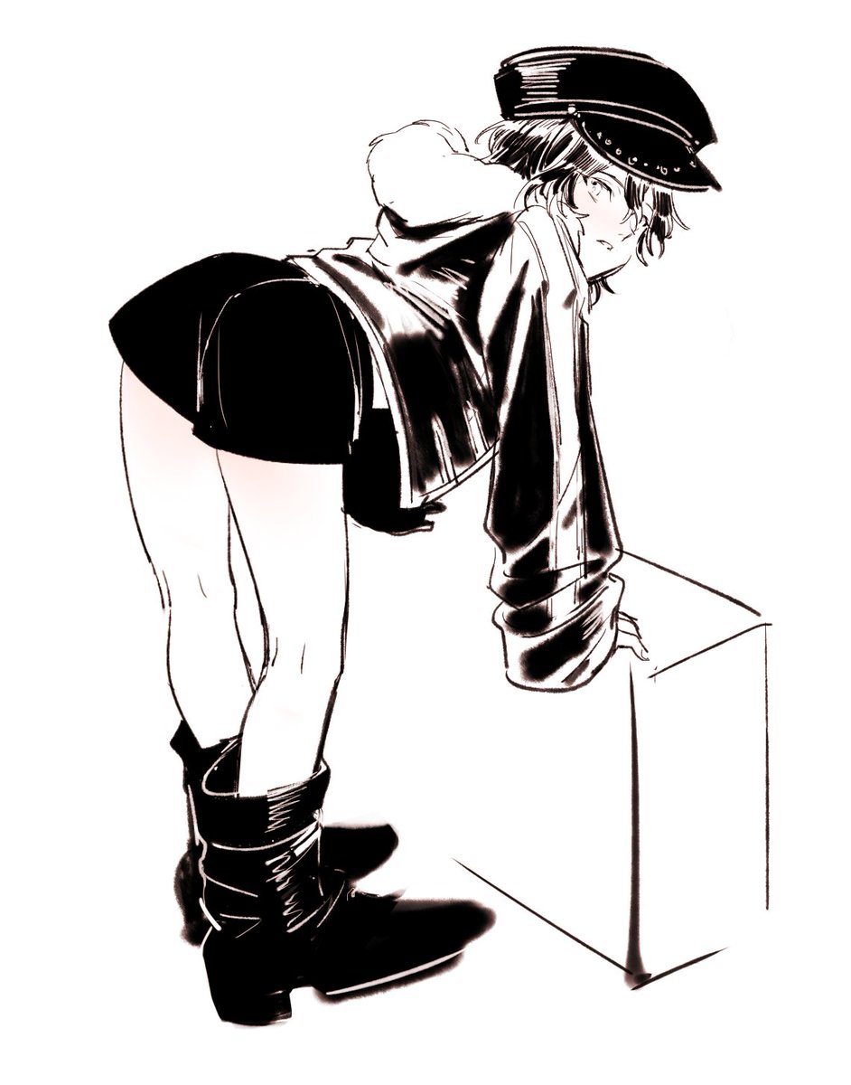 1boy, age_regression, alternate_costume, bent_over, black_hair, blush, body_blush, boots