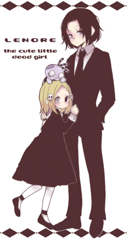 1boy, 1girl, bags_under_eyes, black_eyes, black_hair, blonde_hair, blush, child, chino_(8ch1no), closed_mouth, collared_shirt, copyright_name, doll, dress, formal, full_body, hair_ornament, heterochromia, jacket, lenore, lenore_lynchfast, looking_at_viewer, necktie, ragamuffin, simple_background, skull, suit, white_background, white_eyes, white_legwear