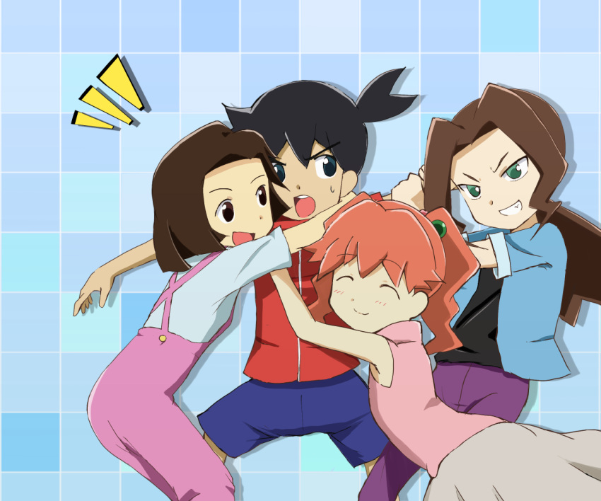 1boy, 3girls, :d, :o, amazake_arika, arm_grab, black_eyes, black_hair, blush, bob_cut, brown_eyes, brown_hair, child, clenched_teeth, closed_eyes, eye_contact, green_eyes, grin, happy, harem, hug, junmai_karin, kikuhime, long_hair, looking_at_another, looking_to_the_side, medarot, multiple_girls, open_mouth, orange_hair, pants, ponytail, round_teeth, short_hair, short_ponytail, shorts, skirt, sleeveless, smile, standing, teeth, tenryou_ikki, twintails