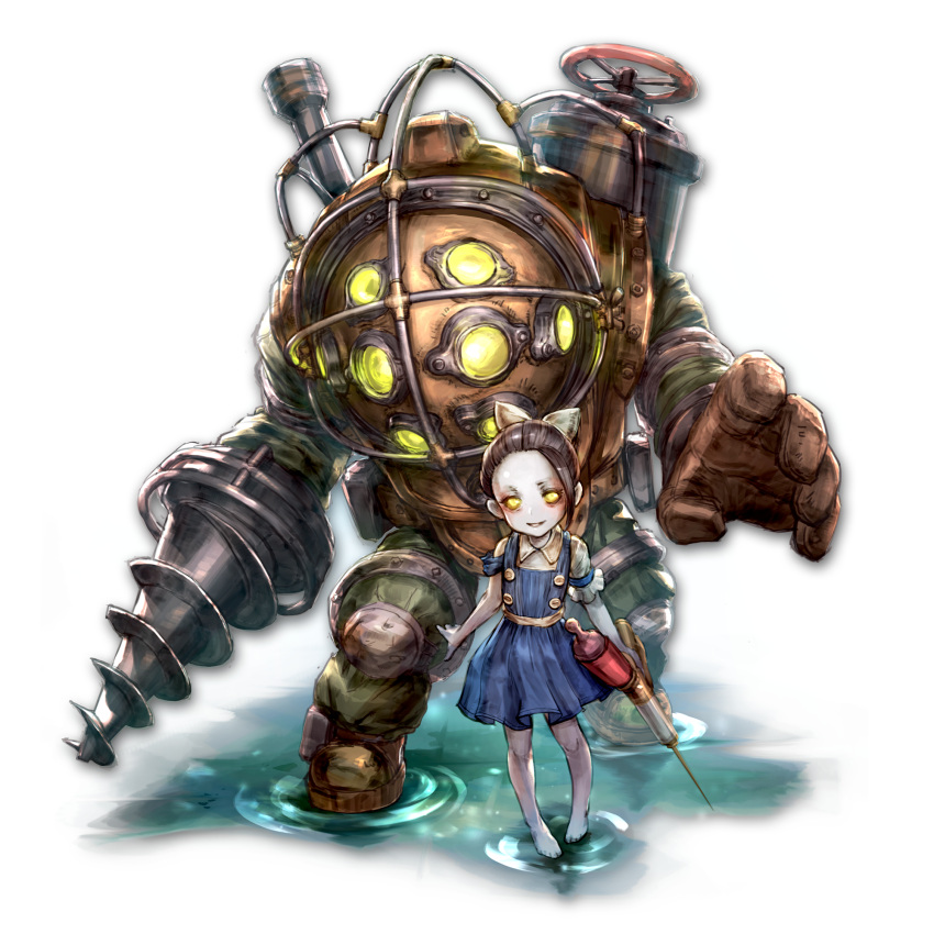 1girl, big_daddy, big_sister, big_sister_(bioshock), bioshock, bow, dress, drill, glowing_eyes, ribbon, yellow_eyes