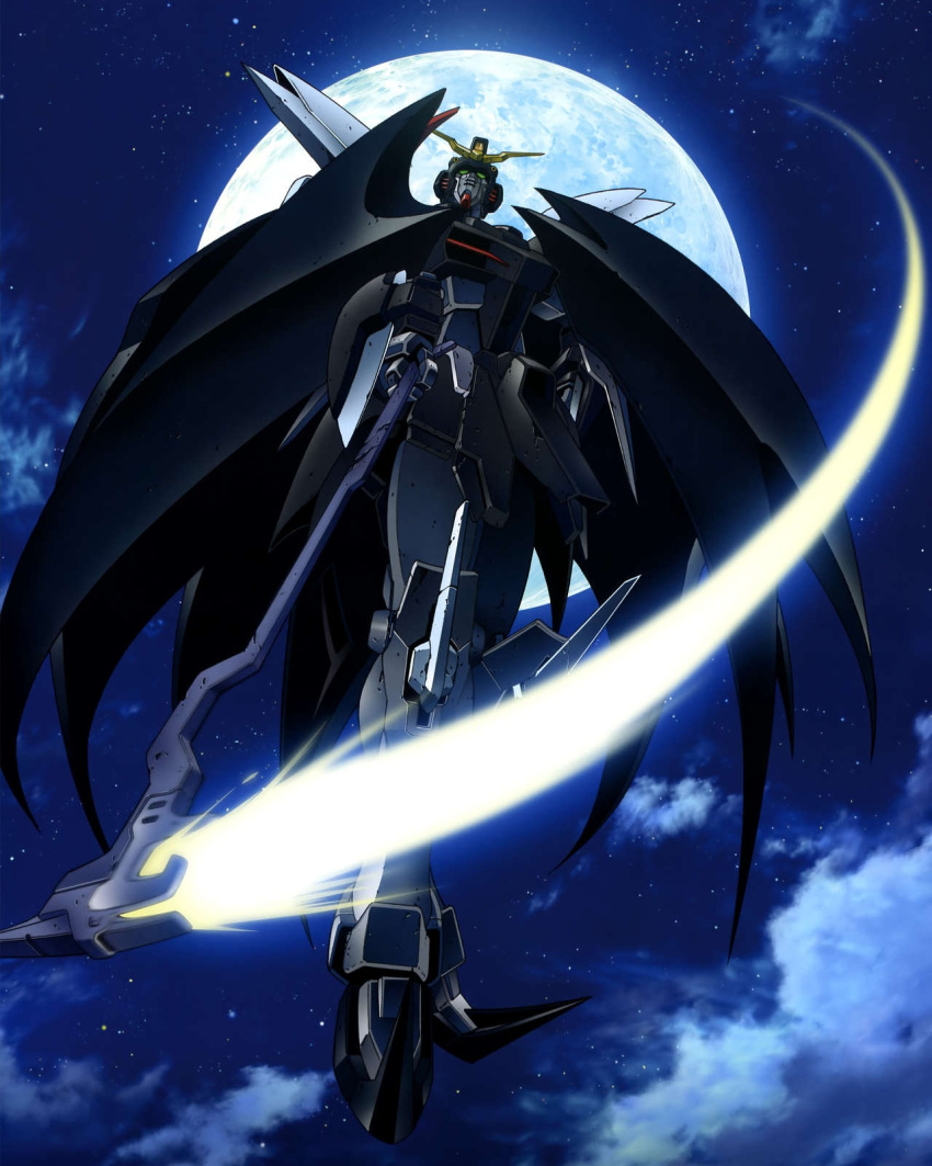 90s, absurdres, clouds, energy_blade, gundam, gundam_deathscythe_hell, gundam_deathscythe_hell_custom, gundam_wing