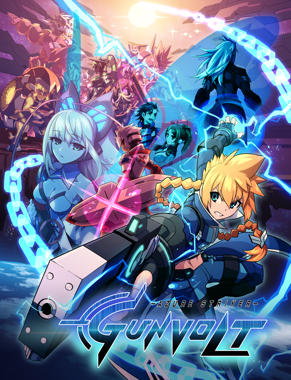 4girls, 6+boys, acura_(gunvolt), artist_request, asimov_(gunvolt), azure_striker_gunvolt, carrera_(gunvolt), daytona_(gunvolt)