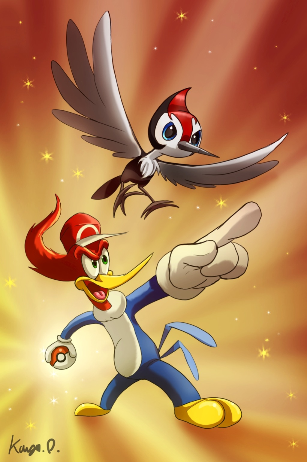 bird, crossover, green_eyes, hat, holding_poke_ball, pikipek, poke_ball, pokemon