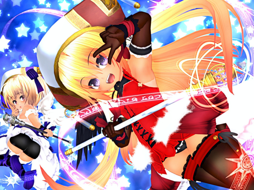 2girls, 3d, 3d_custom_girl, armpit, ass, b13f_(cusko), bike_shorts, black_panties, blonde_hair, child, elbow_gloves, eyebrows, eyebrows_visible_through_hair, flat_chest, gloves, hat, long_hair, looking_at_viewer, looking_back, multiple_girls, open_mouth, original, panties, pantyshot, star, starry_background, thigh-highs, underwear, v