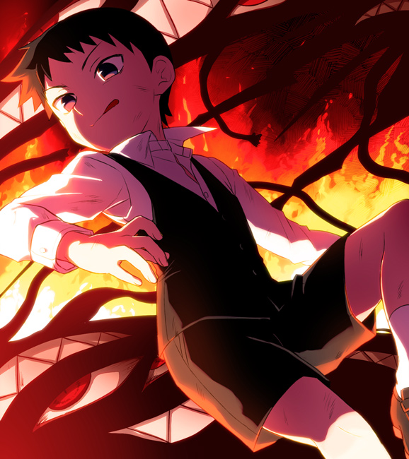 1boy, black_hair, child, collared_shirt, fire, fullmetal_alchemist, inumaru_akagi, licking_lips, loafers, male_focus, pride, selim_bradley, shorts, solo, tongue, tongue_out, unbuttoned, violet_eyes, white_legwear, white_socks