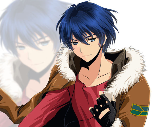 1boy, blue_eyes, blue_hair, fingerless_gloves, jacket, joshua_radcliffe, male_focus, shiwa_(utaha), solo, super_robot_wars, zoom_layer