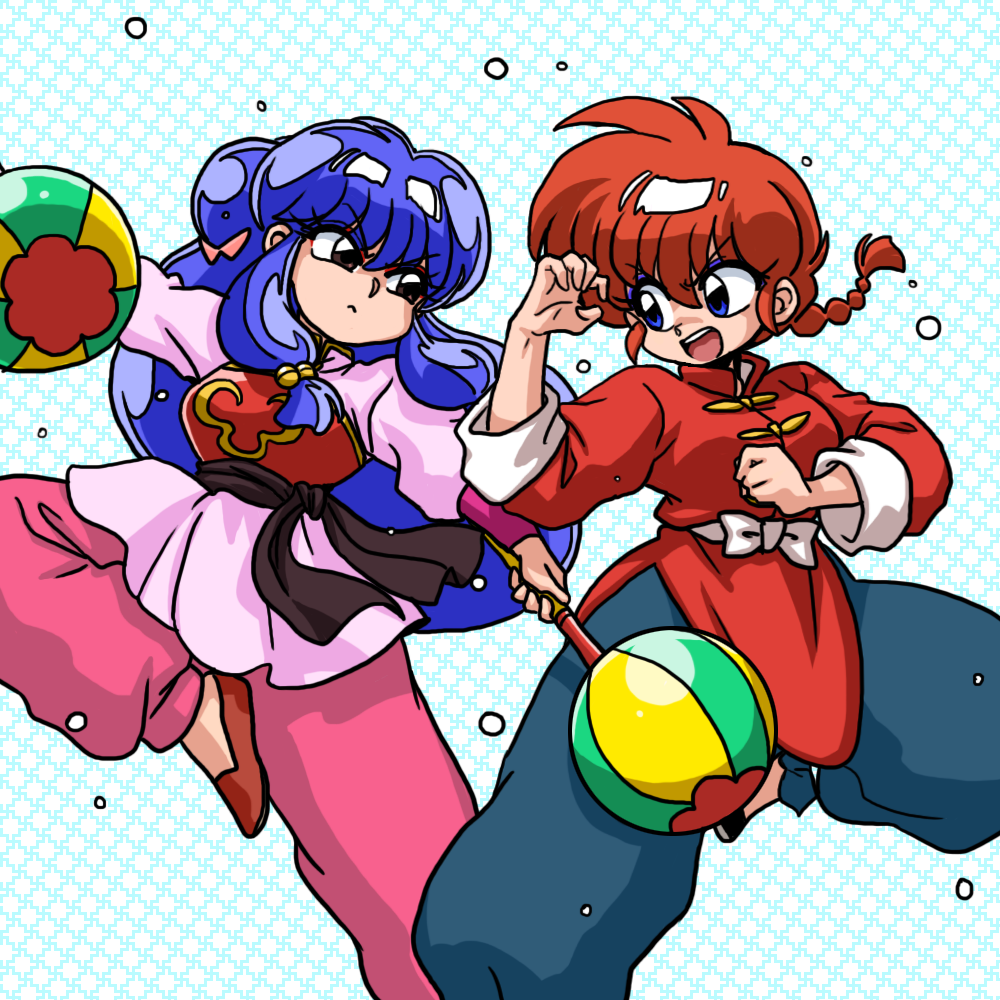 2girls, braid, brown_eyes, chinese_clothes, chui, dual_wielding, genderswap, genderswap_(mtf)