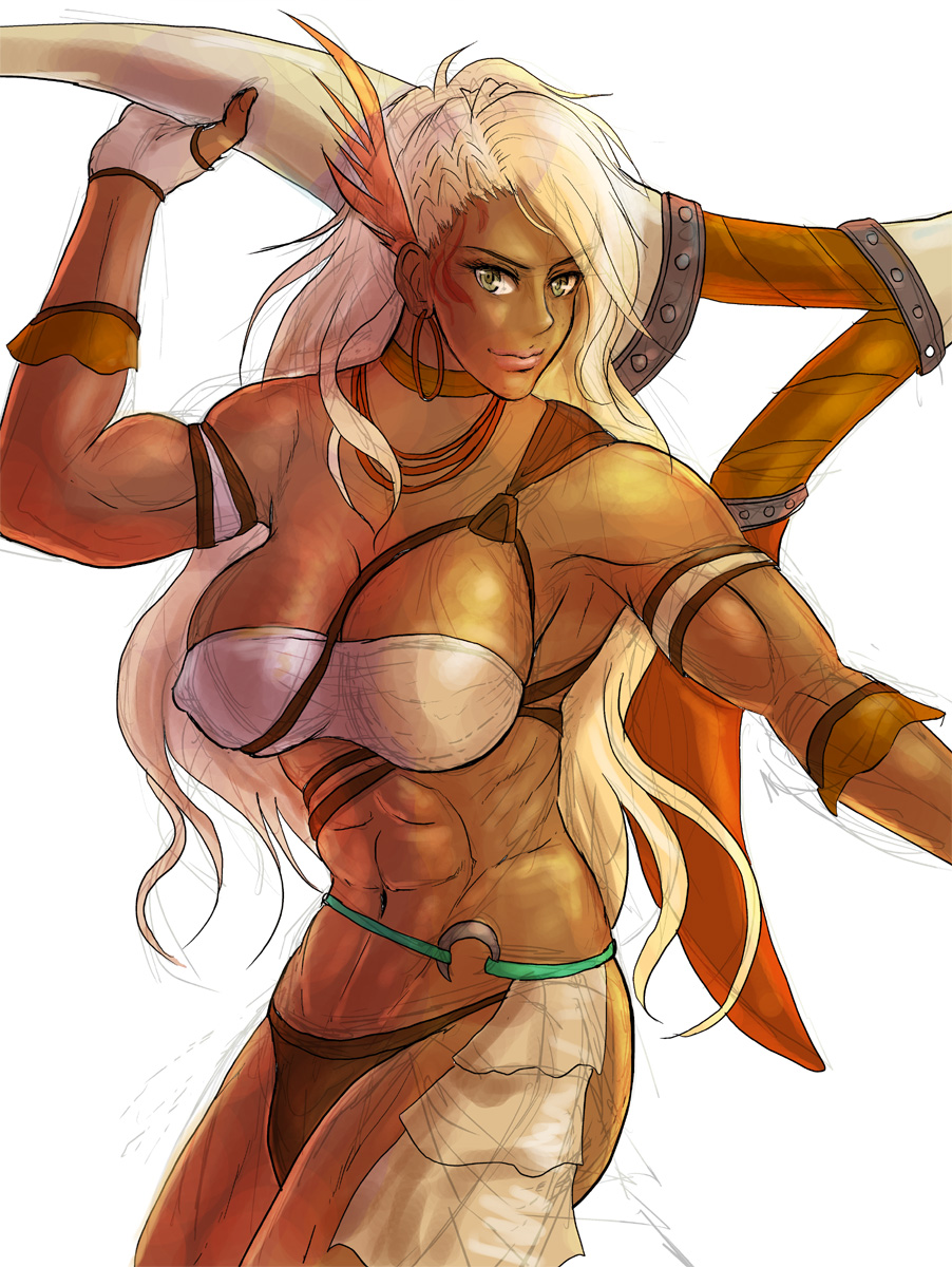 1girl, abs, breasts, female, green_eyes, loincloth, long_hair, muscle