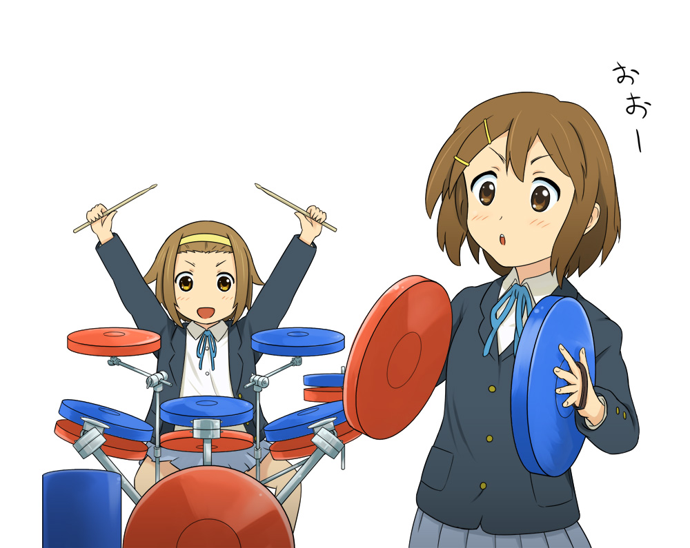 brown_eyes, brown_hair, castanets, cymbals, denden, drum, drum_set, drums