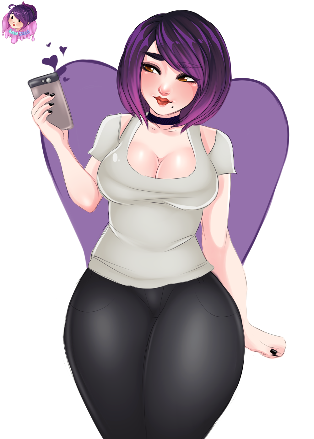 1girl, artist_name, beauty_mark, black_nails, black_pants, breasts, brown_eyes, cleavage, copyright_request, curvy, heart, law-zilla, lipstick, nail_polish, pants, purple_hair, self-portrait, shirt, short_hair, solo, thick_thighs, white_shirt, wide_hips