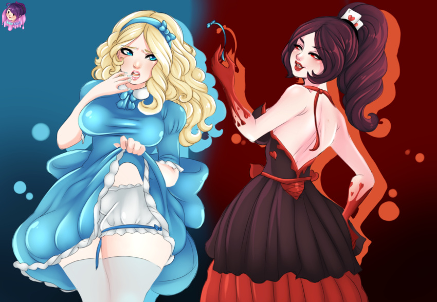 2girls, alice_(wonderland), alice_(wonderland)_(cosplay), alice_in_wonderland, black_dress, black_hair, blonde_hair, blue_dress