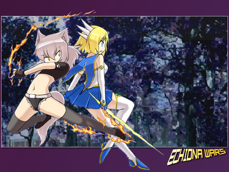 2girls, animal_ears, black_panties, blonde_hair, blue_eyes, camel_(dansen), copyright_name, energy_sword