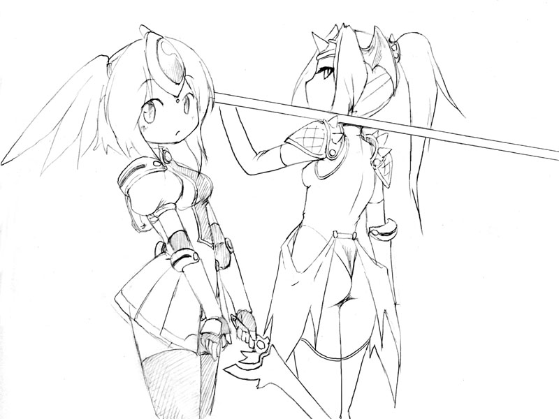 2girls, ass, camel_(dansen), female, minarai_(milia_wars), monochrome, multiple_girls, original, pauldrons, ponytail, ryuhime, sword, thigh-highs, weapon