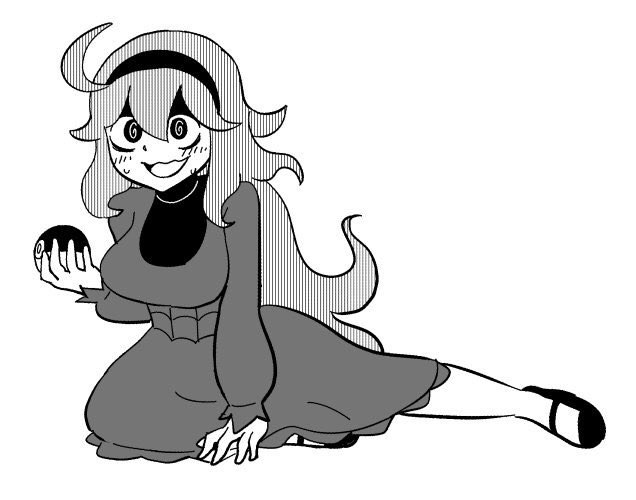 1girl, blush, breasts, dress, female, full_body, hex_maniac_(pokemon), monochrome, npc_trainer, nyaromeron, poke_ball, pokemon, solo, white_background