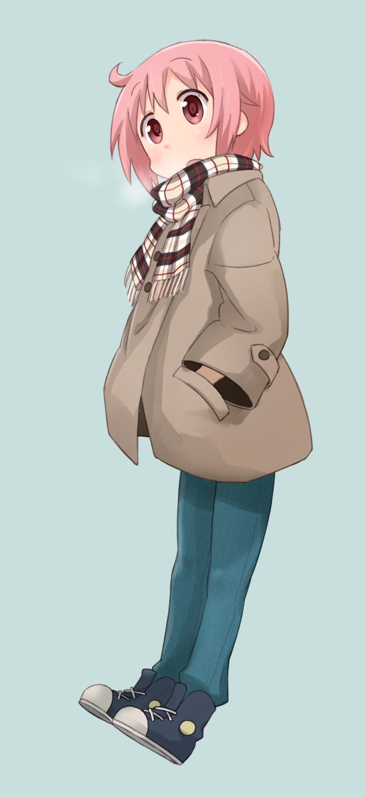 0kp4r, 1girl, female, full_body, jacket, jeans, nonohara_yuzuko, pink_hair, scarf, simple_background, solo, yuyushiki